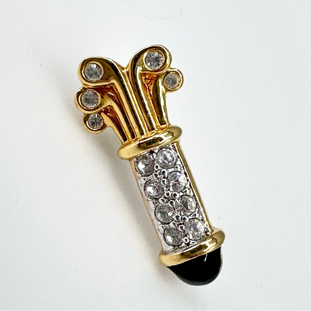 Vintage Golf Clubs Brooch Tie Tack Hat Lapel Pin Gold Tone Rhinestone Enamel